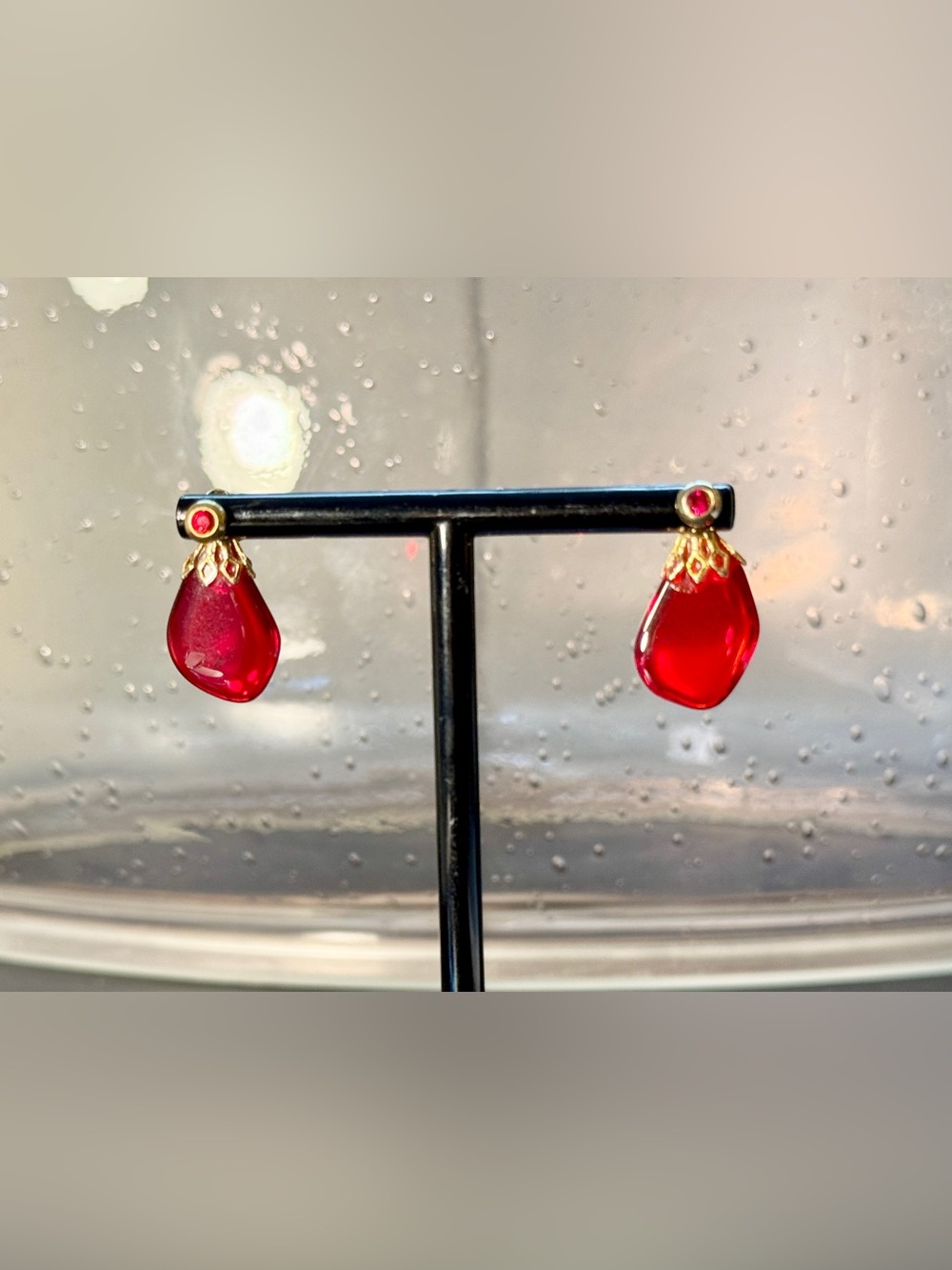 Vintage Victorian Inspired Red Glass Teardrop Gold Tone Dangle Stud Earrings